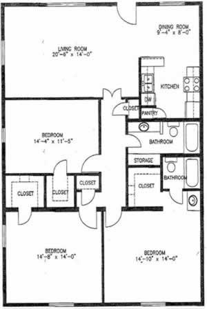 C1B - Three Bedroom / Two Bath / 1480 Sq. Ft.*